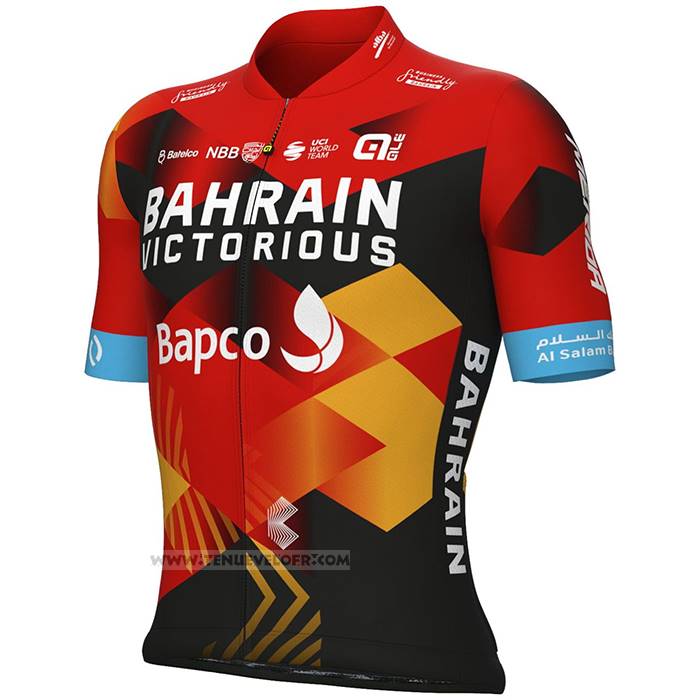 2023 Maillot Cyclisme Bahrain Victorious Rouge Noir Manches Courtes et Cuissard